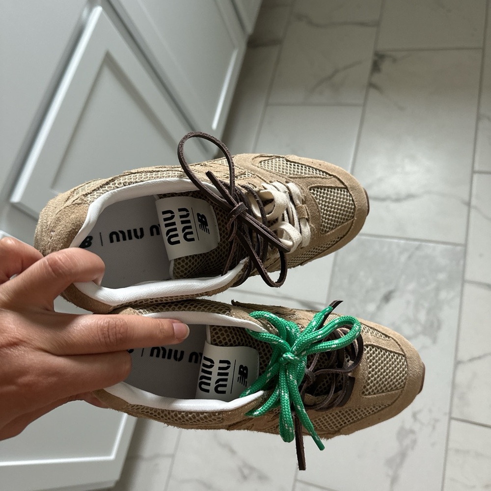 Miu Miu Tan and Green Athletic Shoes with Unique Design